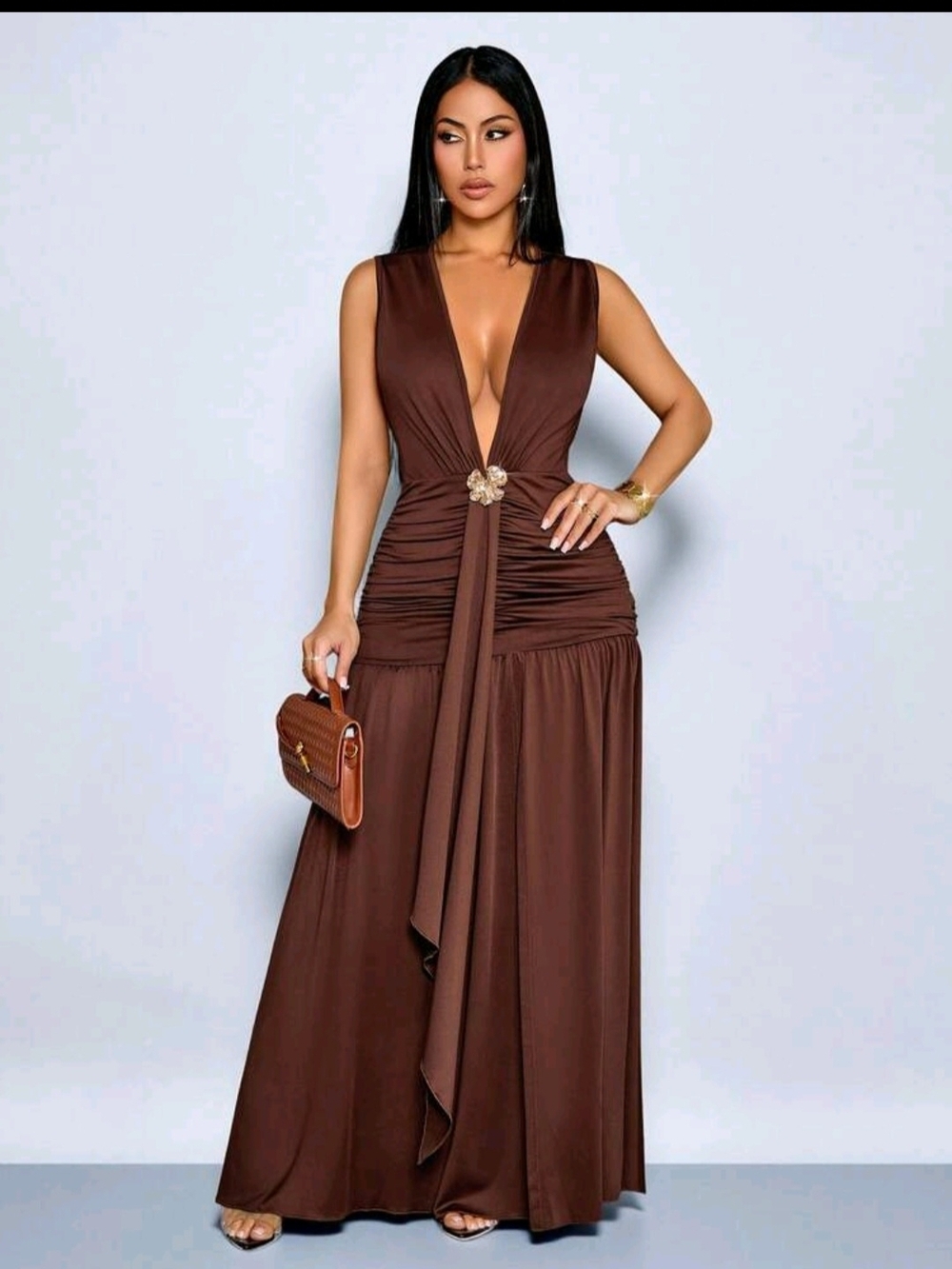 Brown Deep V-Neck Evening Maxi Dress with Draped Detail